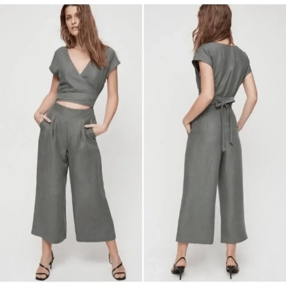 Aritzia Wilfred Revolve Brax Linen Blend Jumpsuit Sagesse Grey Green Wrap sz 8